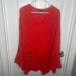 Ali Miles Textured Crinkle Art to Wear Artsy Tunic in Red Roll Tab Sleeve 2X